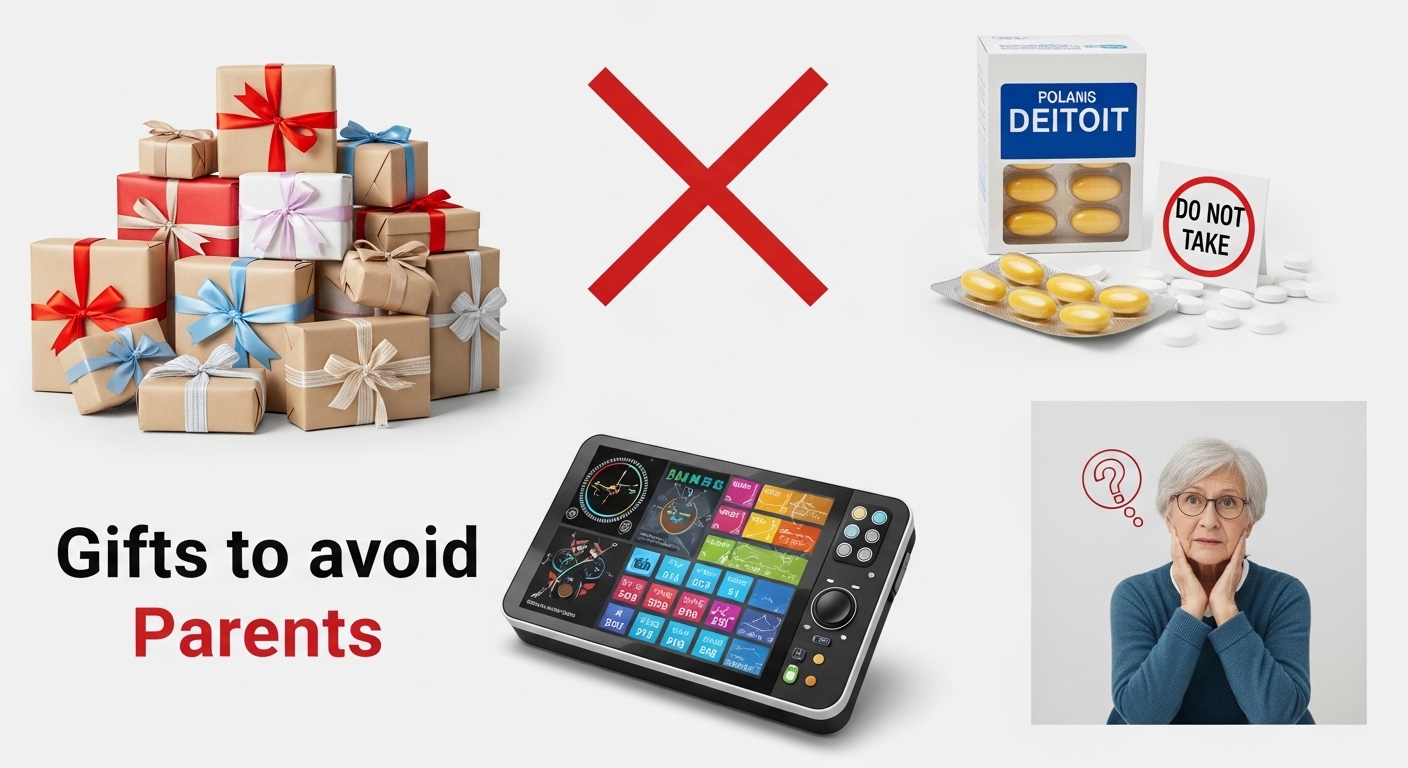 사용하기 복잡한 전자제품이나 개인적인 취향이 강한 의류, 불필요한 다이어트 제품 등 부모님께 피해야 할 선물 유형을 보여주는 이미지.