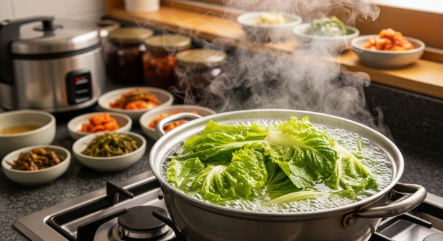 냄비에 상추를 삶는 모습