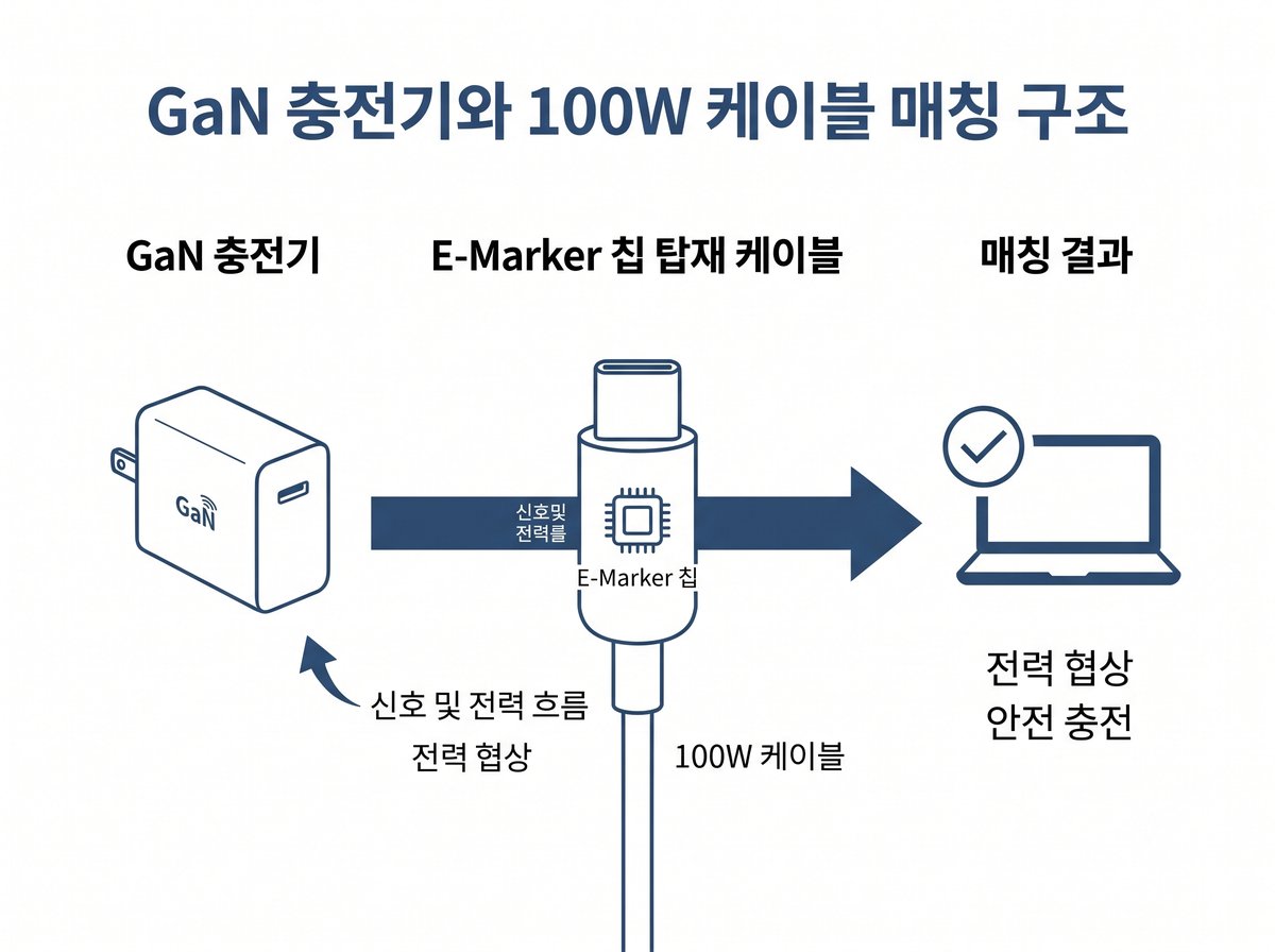 GaN 충전기와 100W 케이블 E-Marker 칩 매칭 구조