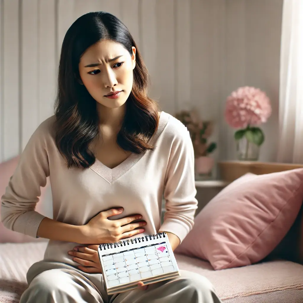 달력을 들고 아랫배를 짚으며 걱정하는 30대 초반 동양인 여성
