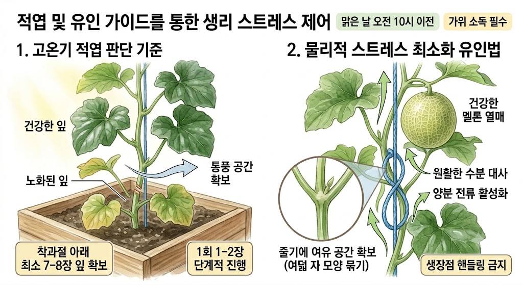 나무 플랜트 화분에서 자라는 멜론의 줄기가 유인줄을 타고 똑바로 올라가며 아랫잎 하단 공간으로 바람이 통하는 물리적 구조를 나타낸 해설 삽화