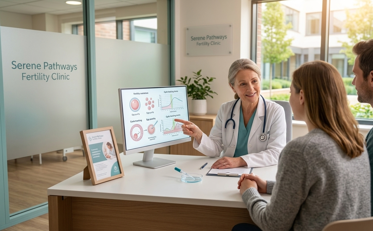 밝고 깨끗한 난임 병원 상담실에서 여성 전문의가 모니터의 자료를 가리키며 젊은 부부에게 차분하게 설명하고 있는 모습