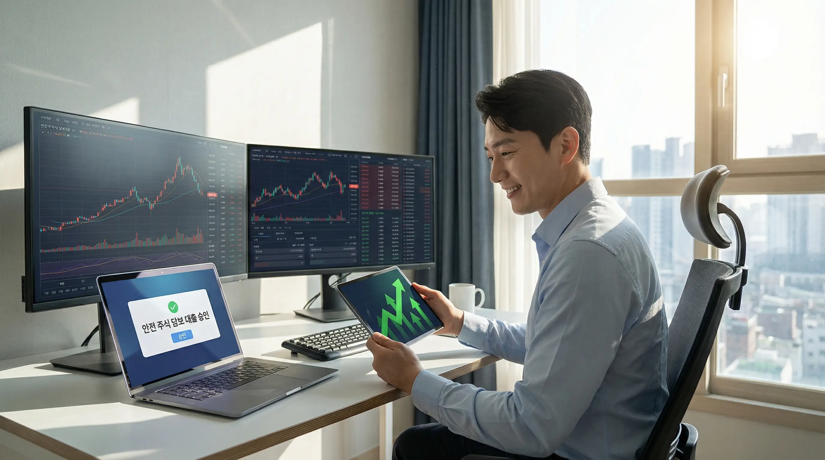 안전한 주식 담보 대출을 통해 자금을 확보하고 성공적인 투자를 이어가는 투자자의 모습