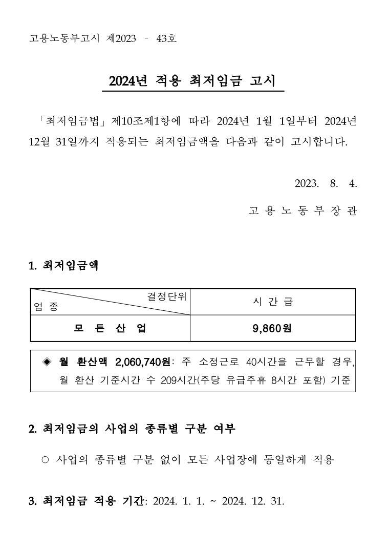 2024 최저임금 9,860원으로 결정. 출처:최저임금위원회