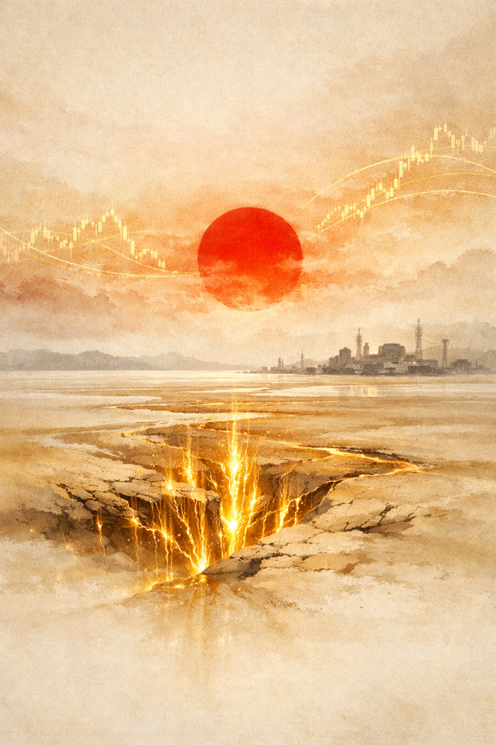 Awakening dragon vein energy beneath ancient land, glowing golden earth meridian lines in East Asian ink wash style