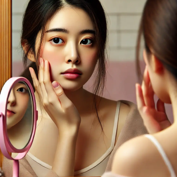 거울을 보며 피부를 걱정스럽게 만지는 동양인 여성