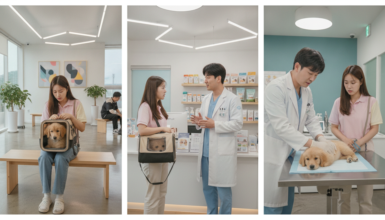 새끼 강아지 변비 완화를 위한 부드러운 배 마사지, 호박 퓨레 급여, 충분한 수분 공급 방법을 보여주는 세 가지 장면