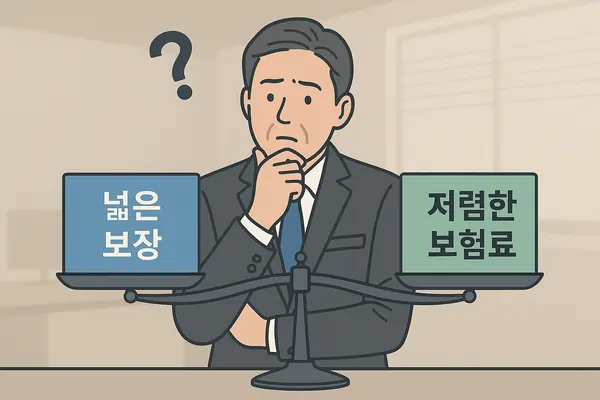 한 남성이 ‘넓은 보장’과 ‘저렴한 보험료’ 사이에서 고민하며 저울질하고 있는 장면.