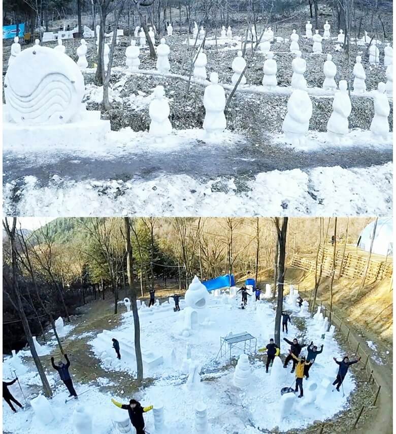 상단사딘은 사람형태를 한 눈으로 조각된 다양한 형태의 조각품이 산 능선을 따라 가로로 가득 채워진 모습이며 하단사진은 많은 사람들이 모여서 축제행사에 전시될 눈조각품을 만들다가 사진촬영시 양팔을 벌려 환영한다는듯 환호를 지르는듯한 모습