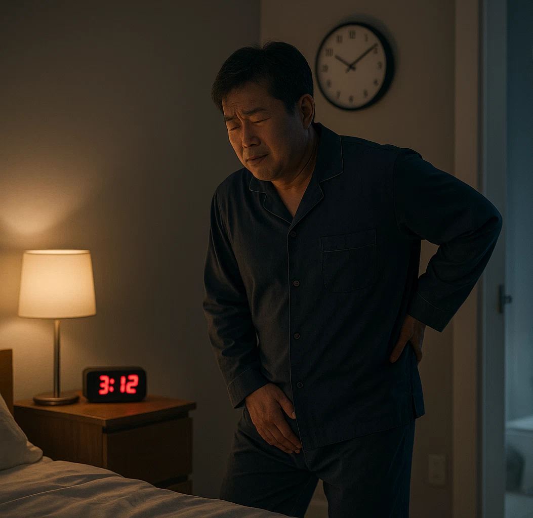 침대에서 밤에 깨어 화장실로 가는 중년 남성, 피곤한 표정, 시계가 새벽 시간을 가리키는 장면