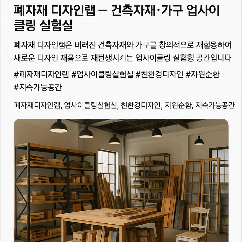 폐자재 디자인랩 – 건축자재·가구 업사이클링 실험실: 버려진 자재에 새 생명을 불어넣는 공간