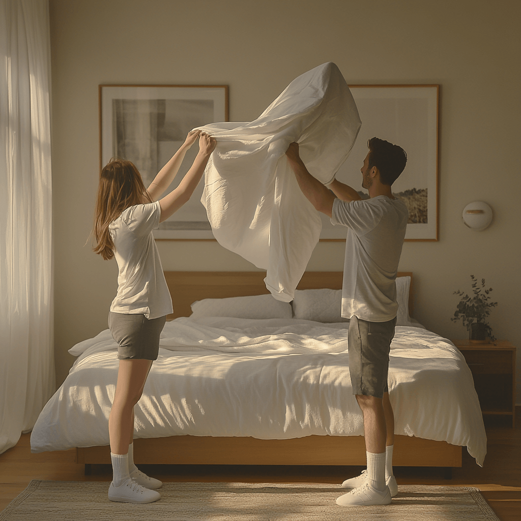 벌레를 제거하려고 이불을 털고있는 부부 이미지