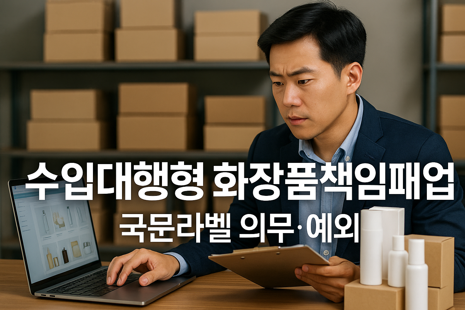 수입대행형 해외 화장품을 온라인 쇼핑몰에서 판매하기 위해 노트북 화면의 상품 페이지와 창고 박스를 배경으로 체크리스트를 검토하는 한국인 남성 실무자의 모습으로, 화장품책임판매업 등록 요건과 수입대행형 화장품 국문라벨 한글표시 의무·예외를 한눈에 설명하는 썸네일 이미지