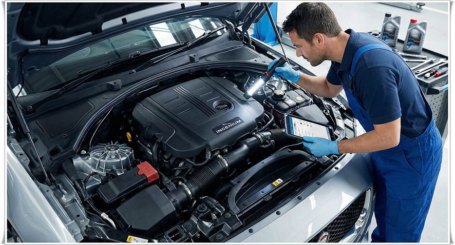 재규어 XE 엔진룸 냉각수 탱크와 엔진 커버 주변 점검 사진