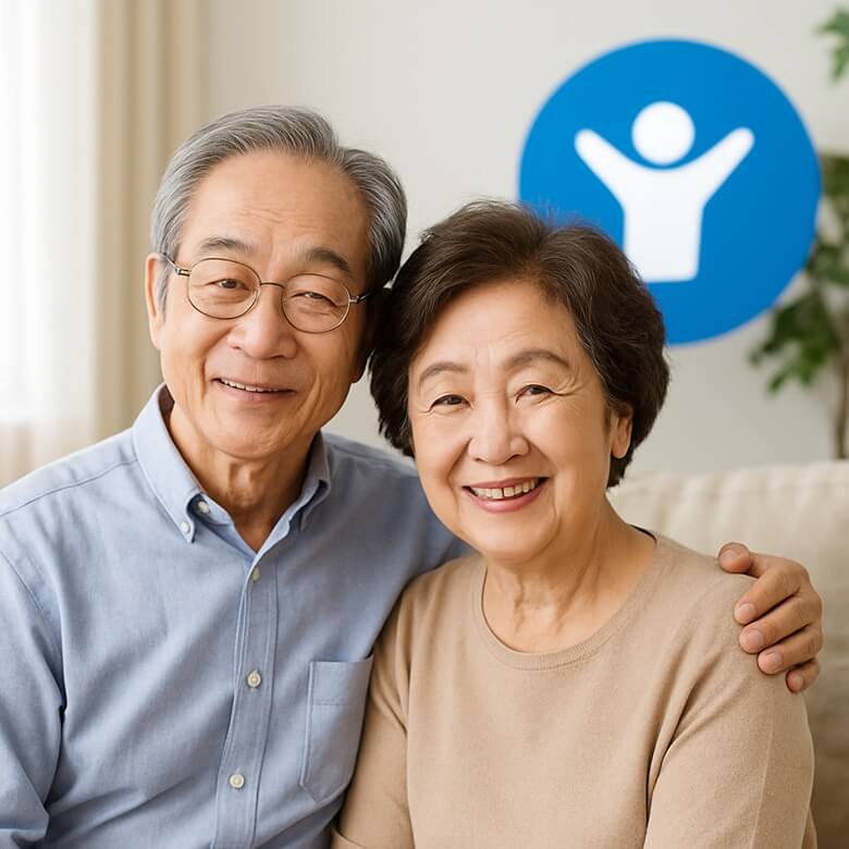 환한 거실에서 나란히 앉은 노부부의 행복한 모습