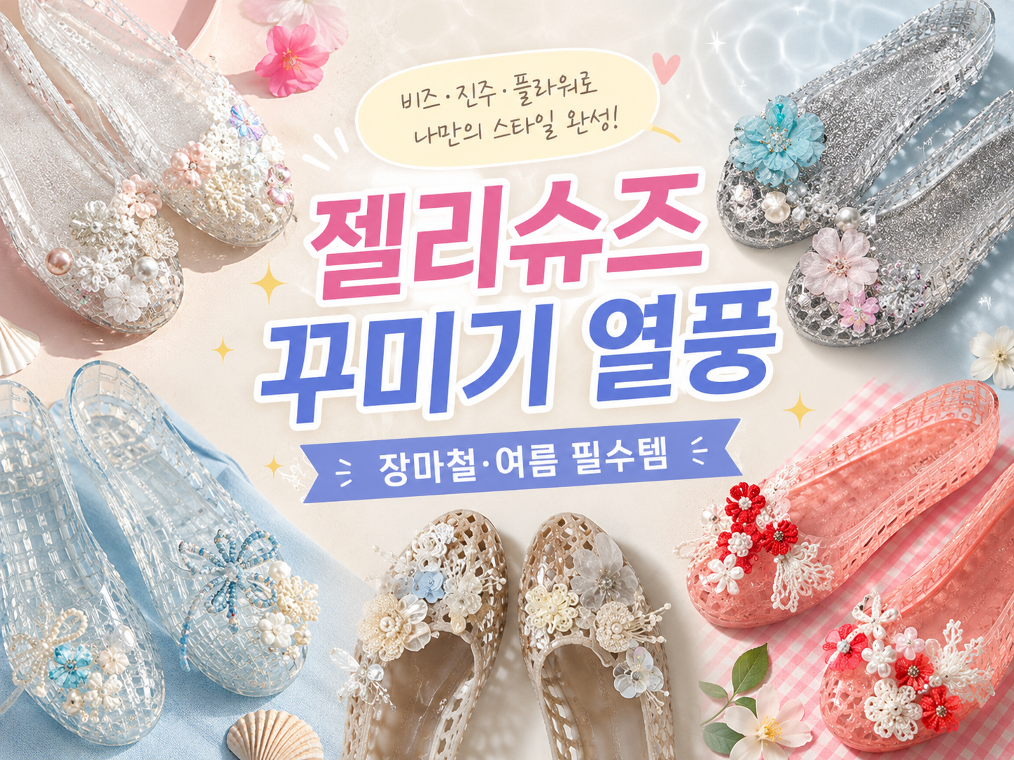 장마철 여름 패션 아이템으로 다시 유행하는 젤리슈즈와 리본, 꽃, 비즈 파츠를 활용한 젤리슈즈 꾸미기 열풍 및 발 건강 주의사항을 설명하는 이미지