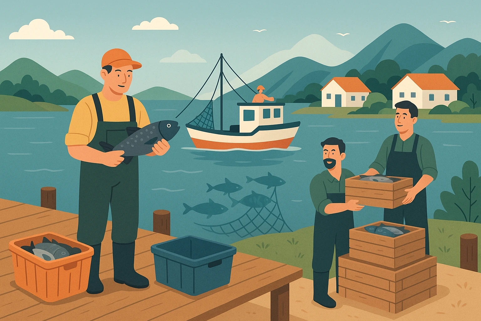 소규모 어업 커뮤니티와 지속 가능한 발전을 묘사한 이미지