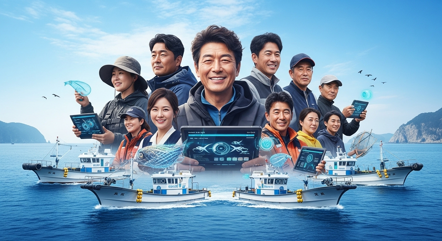 2026년 강원특별자치도의 현대화된 어업 현장과 희망찬 어업인들의 모습