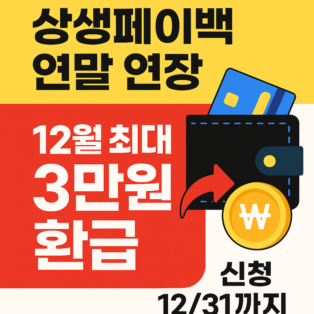 상생페이백 연말 연장 혜택을 안내하는 인포그래픽, 12월 최대 3만원 환급과 신청 마감일을 강조한 캐시백 뉴스형 썸네일 이미지