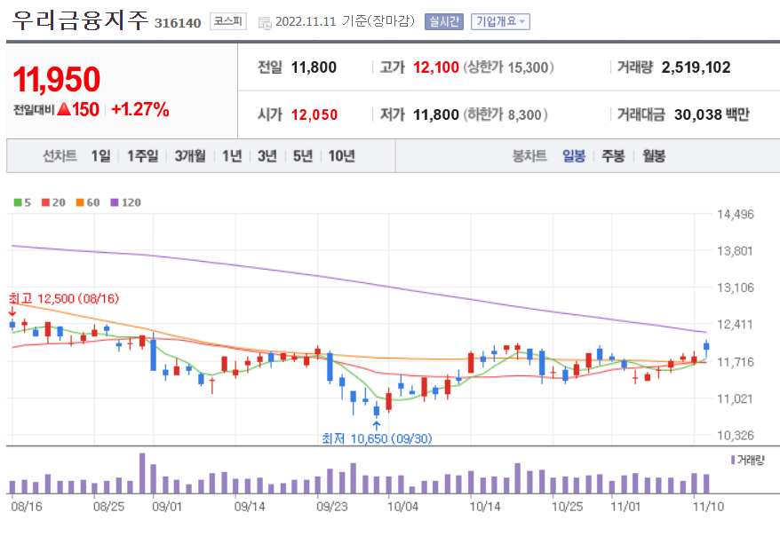 우리금융지주 일봉차트 이미지