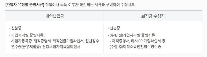 IRP 가입자 유형별 제출 증빙서류 - 개인납입금, 퇴직금수령자 2개 CASE