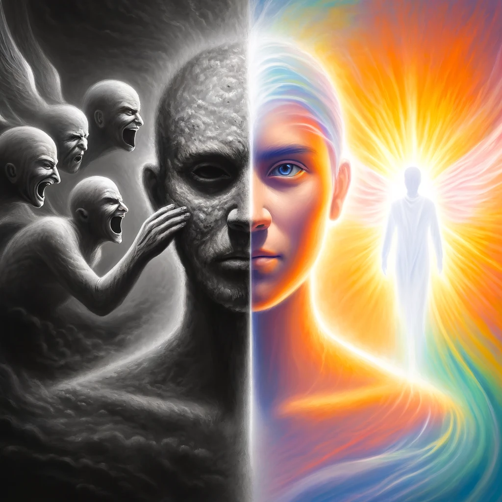 Here is the image representing the concept of spiritual death and rebirth. On the left side of each image, you can see the depiction of a person influenced by the negative aspects of the world, while the right side illustrates the same person guided by the Holy Spirit, symbolizing their spiritual renewal.
