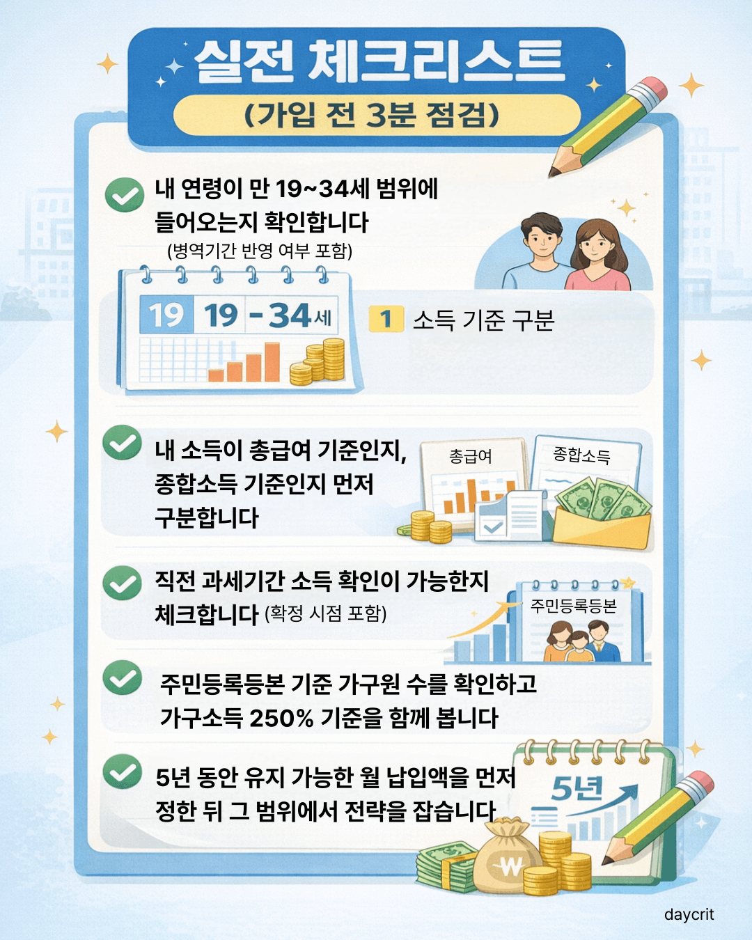 실전 체크리스트 + 2026 + 가입 전 소득 기준 구분&middot;연령 요건&middot;가구소득 250% 점검