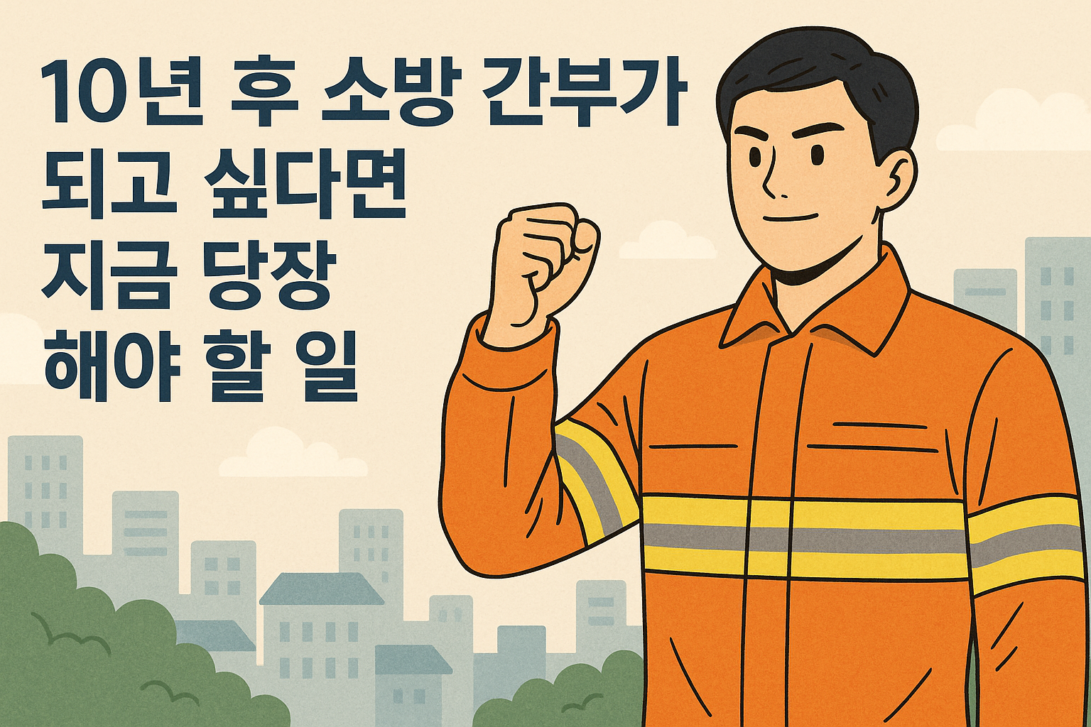 오렌지색소방관유니폼-주먹쥔남성-도시배경-나무포함