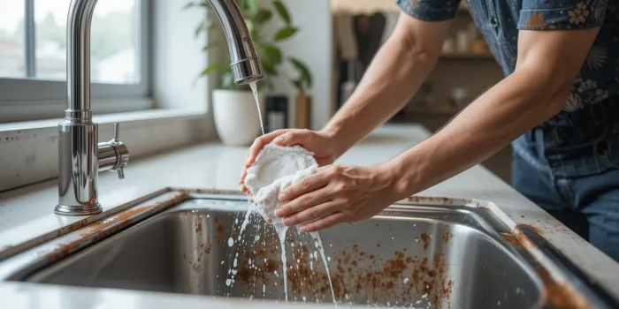 스테인레스 싱크대의 녹을 제거하는 남성