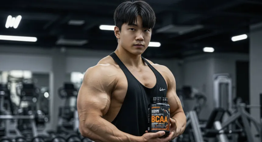 헬스장에서 BCAA 아미노산 제품을 들고 있는 남성 이미지