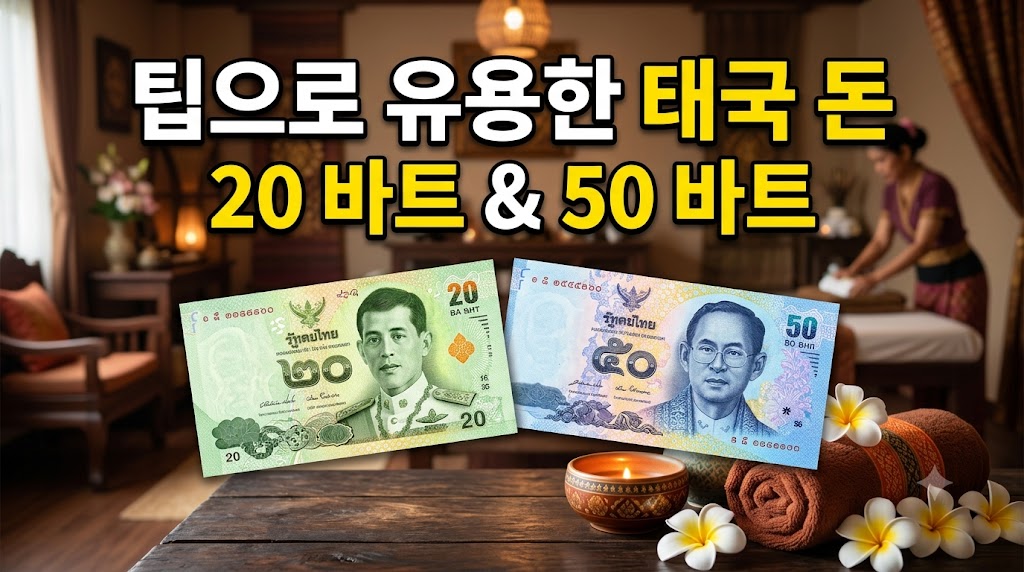 태국 고급 스파 룸 베드 위에 놓인 20바트와 50바트 지폐 뭉치를 집는 손