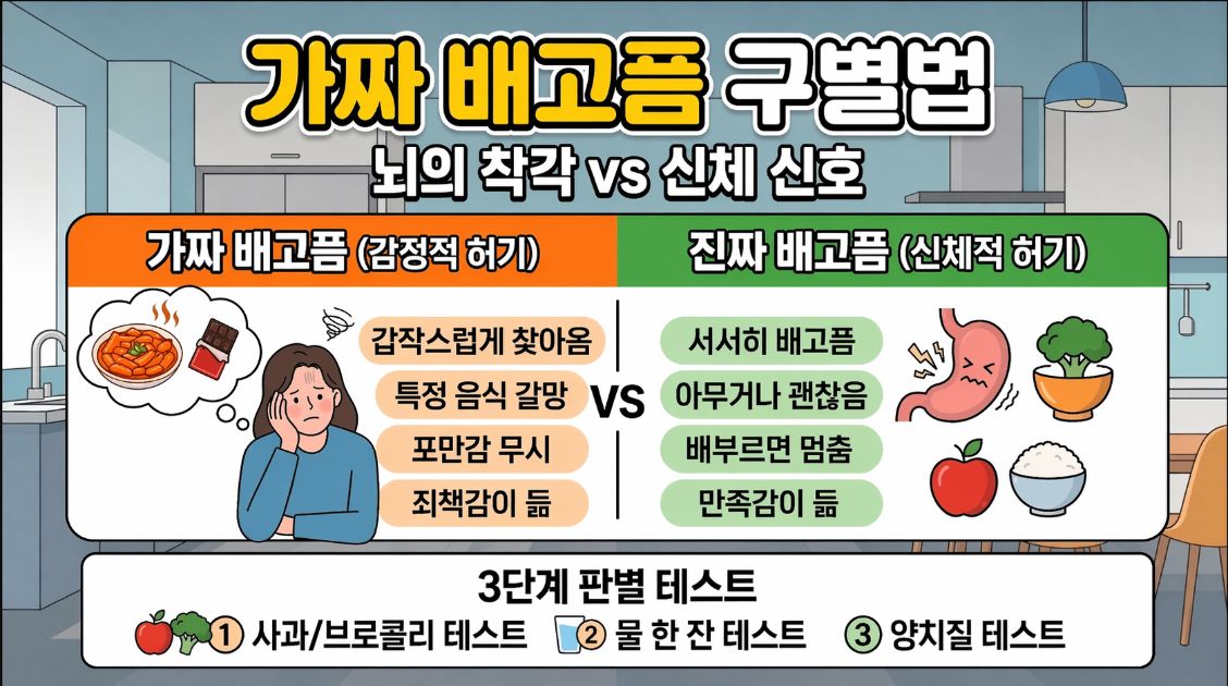 가짜 배고픔(뇌의 착각)과 진짜 배고픔(신체 신호)의 특징을 비교 분석하고, 3단계 판별 테스트(사과 테스트, 물 한 잔, 양치질) 방법을 담은 정보성 인포그래픽 썸네일