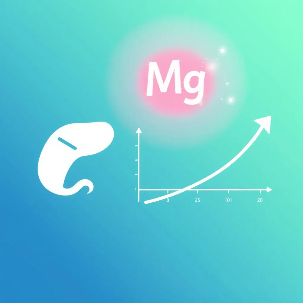 인슐린 분비를 상징하는 췌장의 아이콘과 혈당 수치를 나타내는 그래프가 안정적으로 유지되는 모습입니다. 마그네슘(Mg)이 인슐린이 잘 작용하도록 돕는 역할을 하는 듯한 시각적 연출을 통해, 당뇨 관리에 도움이 될 수 있음을 표현합니다.