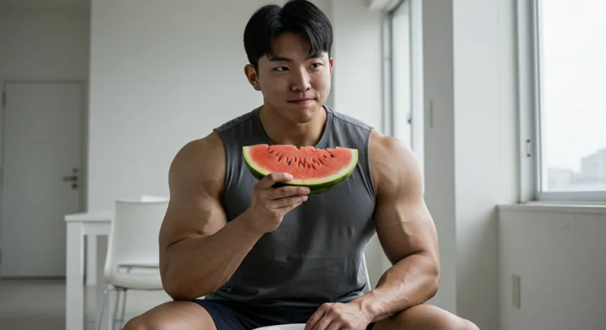 방안에서 수박을 먹고있는 남성 이미지