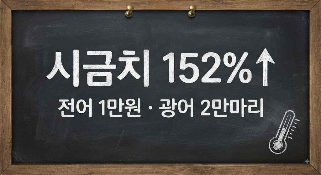 폭염발 밥상 물가, 시금치 152%·전어 1만원·광어 2만마리 급등 칠판 가격표 스타일 정보그래픽