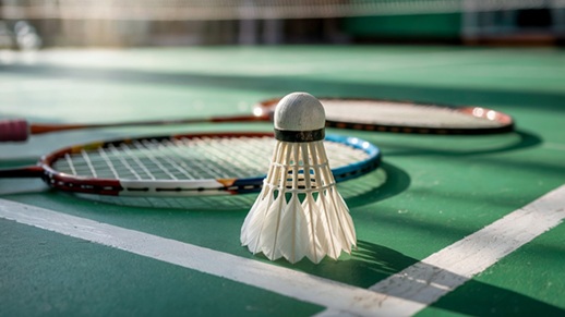 배드민턴 코트에 놓여있는 셔틀콕과 배드민턴 라켓