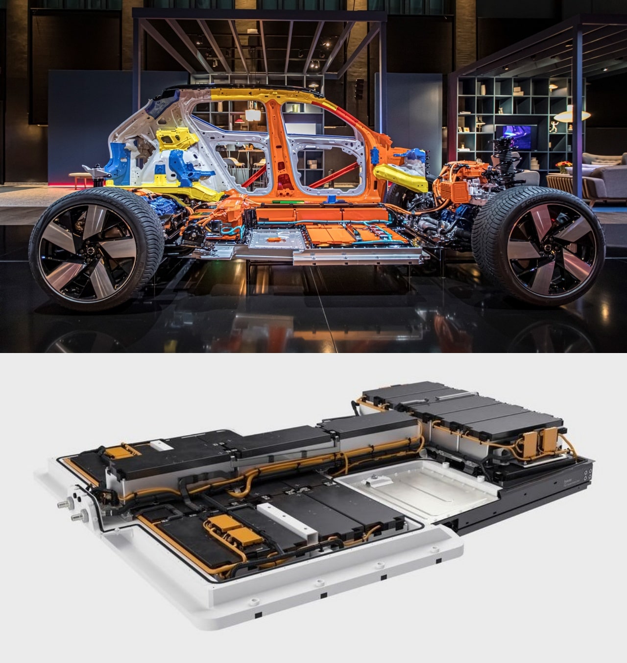 C40 리차지(위)의 전기 파워트레인과 폴스타 2(아래)의 배터리 팩 구성입니다.