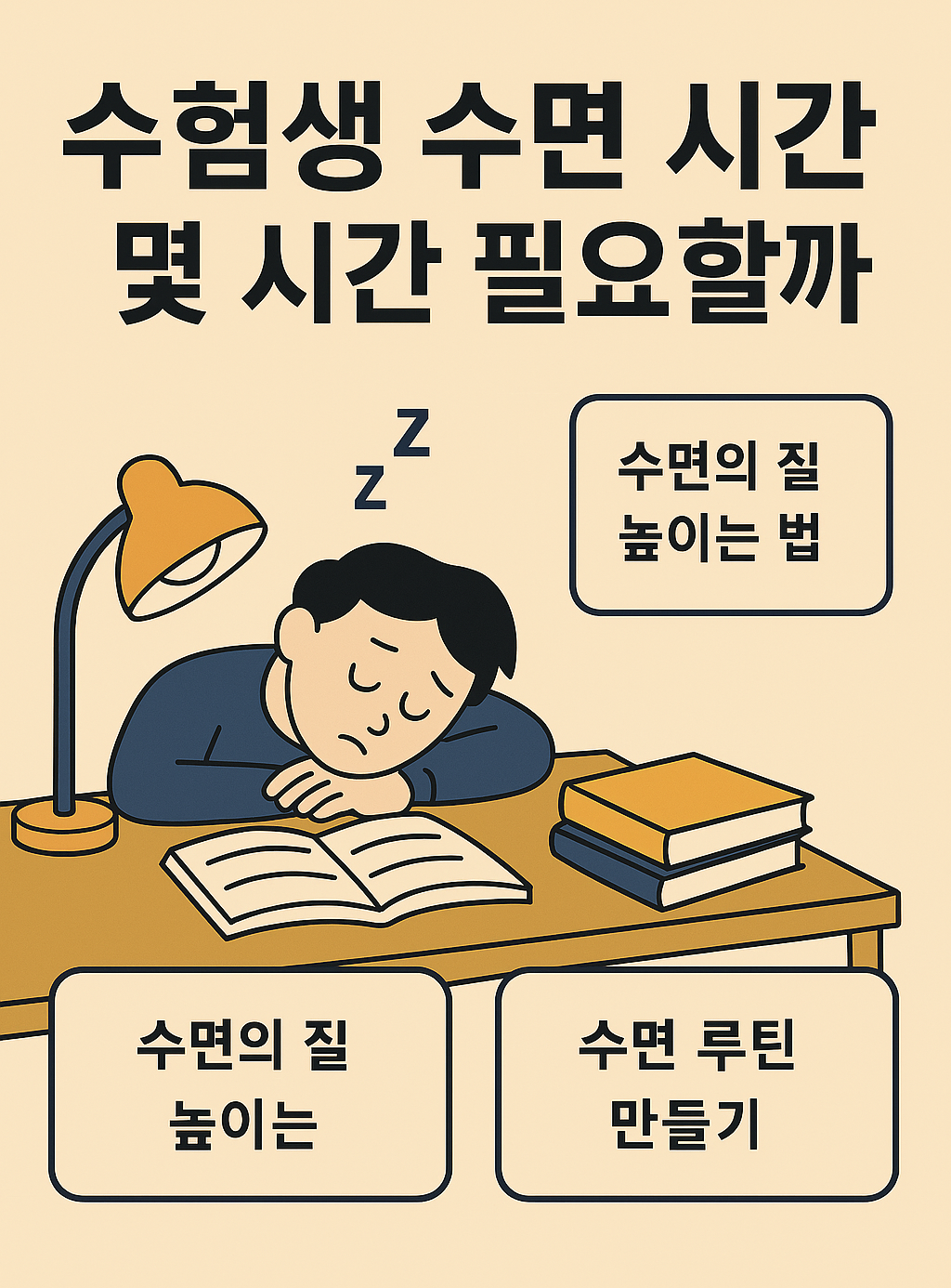 수험생 수면 시간에 관한 가이드 인포그래픽, 수면 루틴과 질 향상 방법을 소개