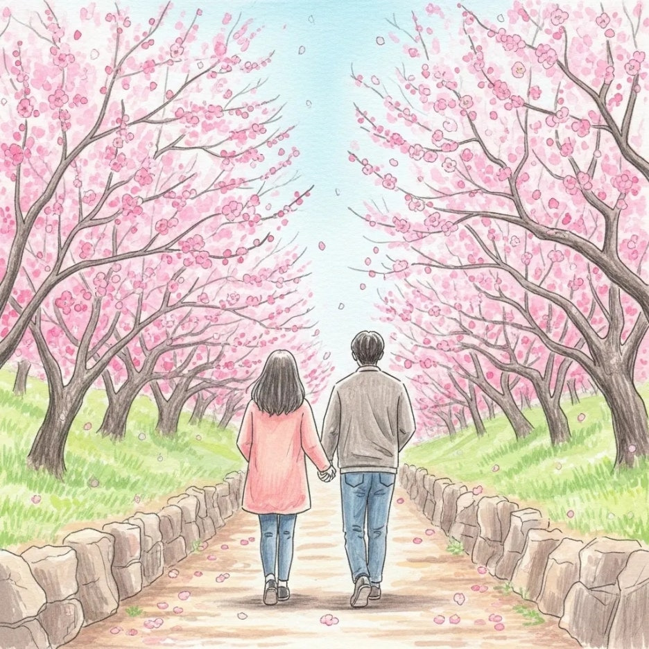 매화꽃 밭을 거닐며 행복해하는 두 사람