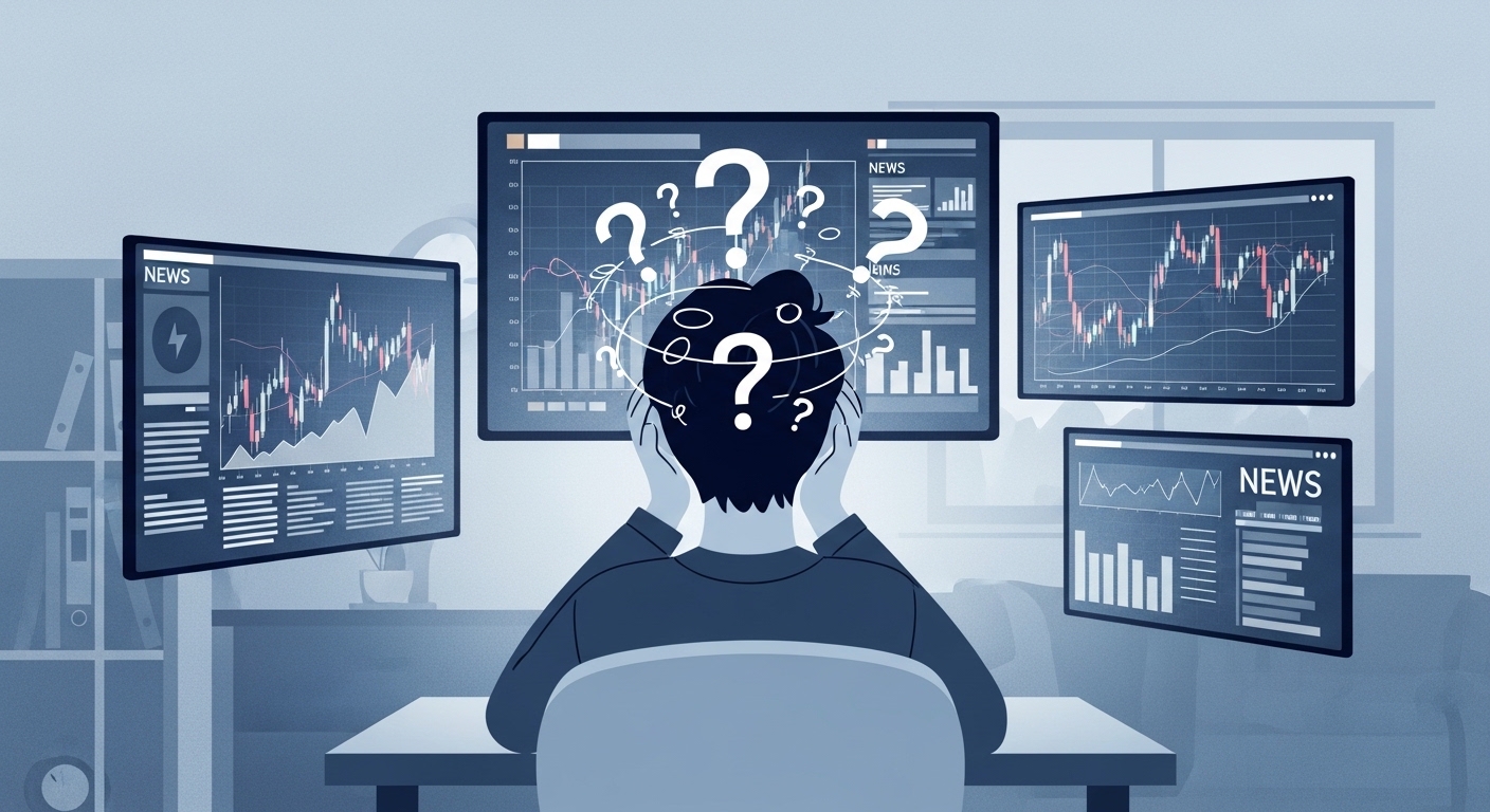 복잡한 주식 차트와 뉴스 앞에서 혼란스러워하는 초보 투자자의 모습. 정보 과부하와 투자 원칙 부재로 길을 잃은 듯한 표정.