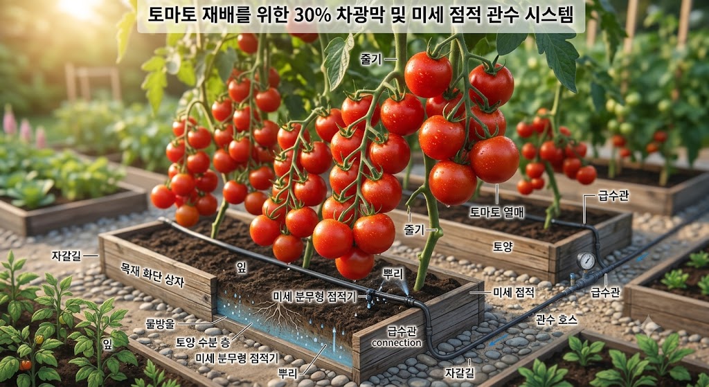 나무 플랜트 화분에서 점적 관수 호스를 달고 빨갛게 익어가는 방울토마토 열매의 전경