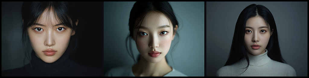 시네마틱 포트레이트, 정면을 똑바로 응시하는 한국 여성 모델, 중앙 구도와 고요한 표정의 인물 이미지_Midjourney