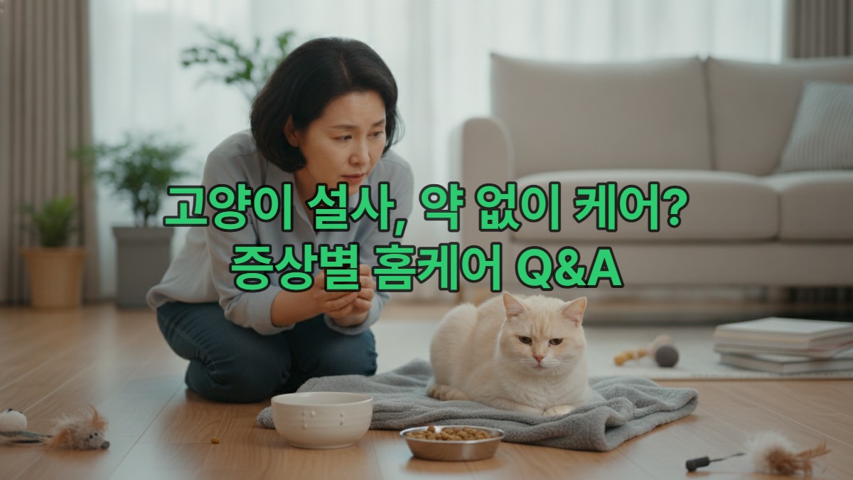 걱정스러운 표정으로 고양이를 돌보는 중년 한국 여성, 현대적인 거실 배경