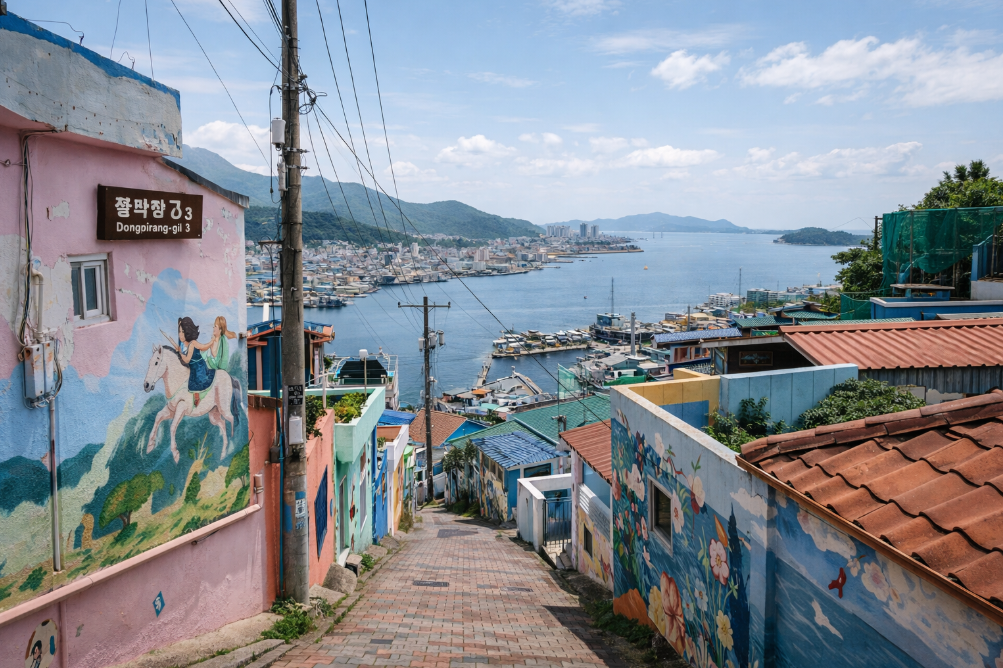 통영 동피랑마을 골목과 벽화, 통영항 바다 풍경