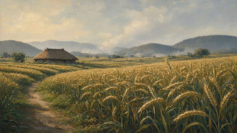 <img src="boribat-song.jpg" alt="1952년 전쟁 중 탄생한 노래 보리밭의 서정적인 느낌을 담은 보리밭 풍경">
