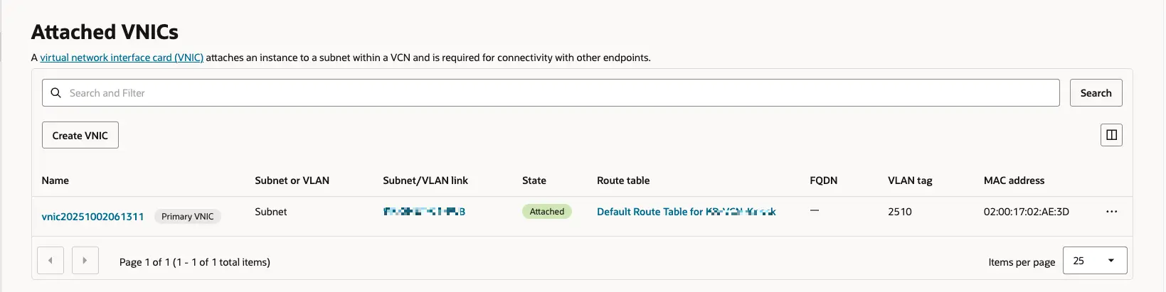 오라클 클라우드 - Compute - Instances - Instance Detail - Networking - VNIC