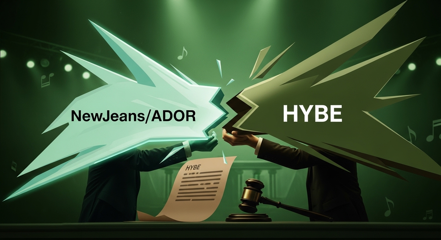 뉴진스와 어도어 민희진, 하이브 간의 법적 분쟁을 상징하는 추상적인 이미지: 법원 심볼과 함께 긴장감 있는 K-POP 산업의 갈등을 표현.