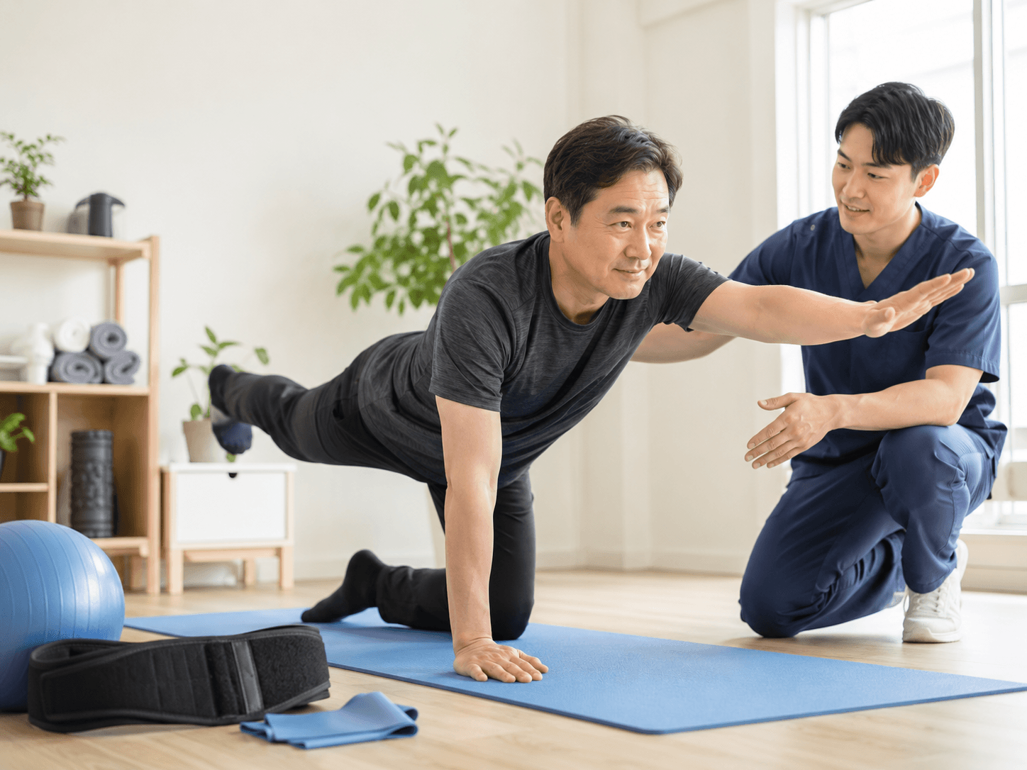 재발 방지를 위해 코치에게 운동 방법을 지도받고 있다.