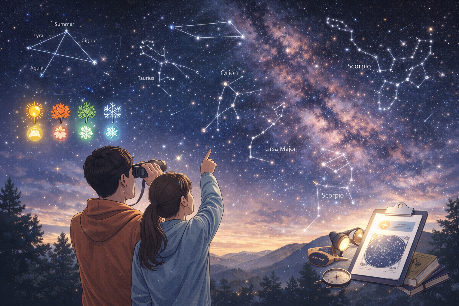 밤하늘 아래에서 별지도를 보며 망원경과 손짓으로 별자리를 찾는 사람들의 모습