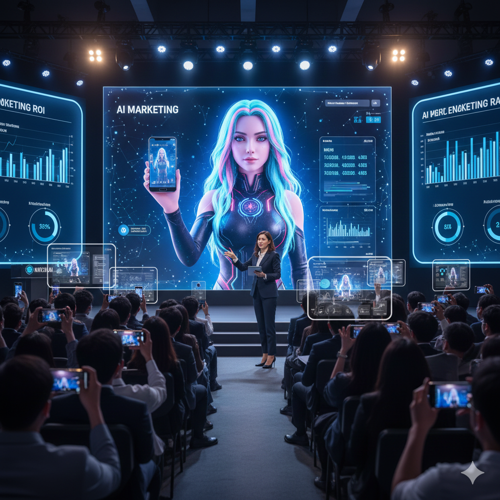 대형 스크린 앞에 선 강연자가 푸른 머리의 가상 인플루언서와 마케팅 데이터가 표시된 화면을 배경으로 청중들에게 인공지능 마케팅의 효율성에 대해 발표하고 있는 실사 풍의 사진이에요.
